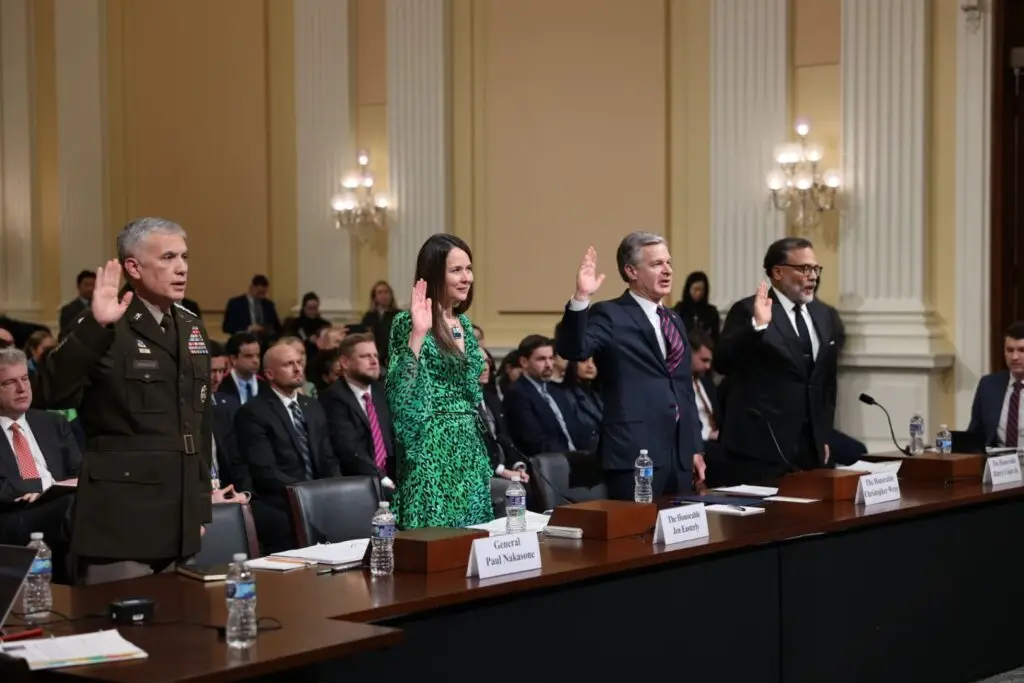 General Paul Nakasone, from left, the National Security Agency (NSA) director and the commander of the United States Cyber Command, Jen Easterly, Director of the Cybersecurity and Infrastructure Security Agency (CISA), Christopher Wray, Director of the Federal Bureau of Investigation (FBI), and Harry Coker Jr., the National Cyber Director are swearing in at a hearing titled “The CCP Cyber Threat to the American Homeland and National Security,” held at the U.S. Congress in Washington D.C. on January 31. Source: The Select Committee on the Chinese Communist Party (CCP)